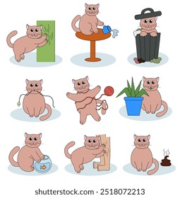 Set of problem with cat behavior. Kitten scratches, eat plant, pushes cup off the table, goes to the toilet, digs in the garbage, fishing. Cute hand drawn flat illustration.