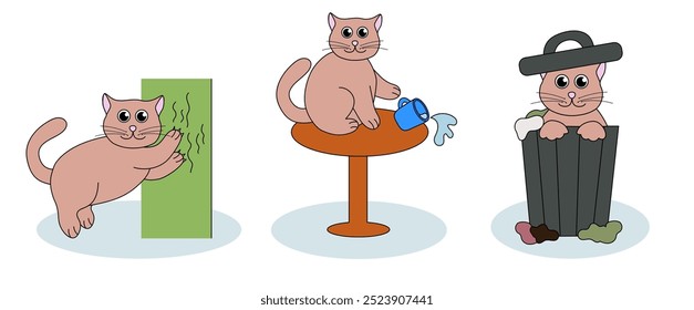 Set of problem with cat behavior. Kitten scratches, pushes cup off the table, digs in the garbage. Cute hand drawn flat illustration.