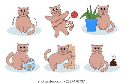 Set of problem with cat behavior. Kitten scratches, eat plant, goes to the toilet, fishing, play with ball of thread, chews up the wires. Cute hand drawn flat illustration.