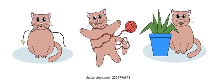 Conjunto de problemas com o comportamento do gato. O gatinho come a planta, joga com a bola do fio, mastiga os fios. Ilustração plana bonita.