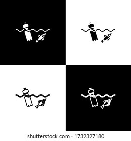 Set The problem of pollution of the ocean icon isolated on black and white background. The garbage, plastic, bags on the sea. Vector Illustration
