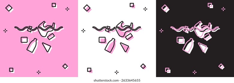 Set The problem of pollution of the ocean icon isolated on pink and white, black background. The garbage, plastic, bags on the sea.  Vector Illustration