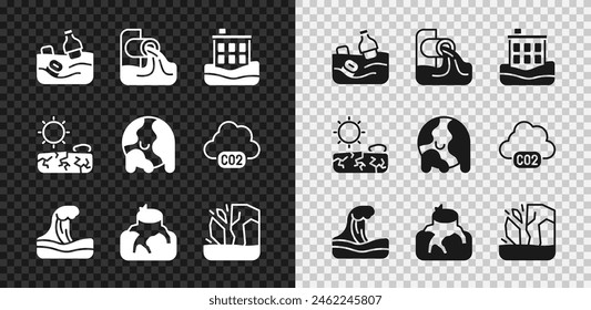 Set Problem pollution of the ocean, Wastewater, House flood, Tsunami, Deforestation, Glacier melting, Drought and Global warming icon. Vector