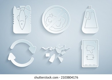 Set Problem Of Pollution Planet, Bottle For Dishwashing Liquid, Refresh, Megaphone Mobile, No Trash And Stop Ocean Plastic Icon. Vector