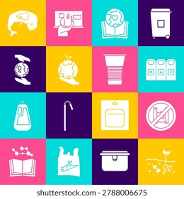 Set Problem of pollution planet, Say no to plastic bags poster, Trash in garbage cans sorted, Earth globe and book, Hand holding, Hands, Environment protection whale dead and Paper glass icon. Vector
