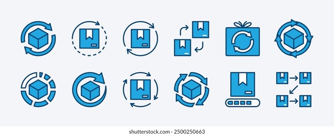 Set of process icon. Containing order, package, parcel, packet, and gift. Workflow, progress, step and productivity of order. Synchronization arrow with delivery cardboard box. Vector illustration