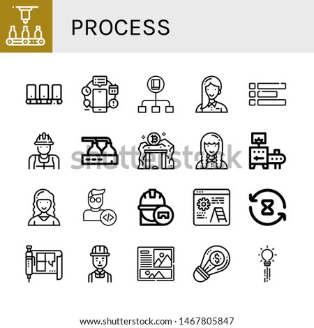 Set of process icons such as Automatic, Conveyor, Automation, Flow, Entrepeneur, Layout, Worker, Beer factory, Data mining, Developer, Marketing director, Engineer, Development , process