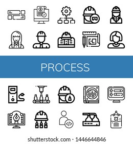 Set of process icons such as Layout, Developer, Release, Engineer, Process, Engineering, Blueprint, Worker, Case data, Graphic design, Automatic, Psychology, Beer factory , process