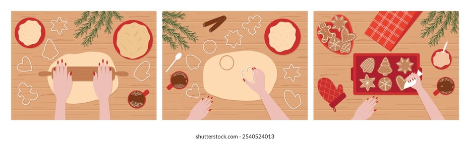 Set of process of making homemade gingerbread cookies on wooden table top view. Woman rolls out cookie dough and decoration with sugar glaze. Vector flat illustration