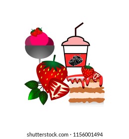 Set of processed food from Strawberry Strawberry juice, smooth cake, ice cream cake with fruit mixture. On a white background Can be used for both your publications and your website.