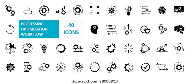 Set of Processing Optimization Workflow Related Vector Line and filled Icons. Simple line art and fill style icons pack. Vector illustration