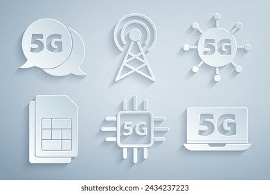 Set Processor 5G, network, Sim card, Laptop with, Antenna and  icon. Vector