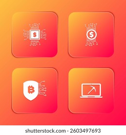Set Processor chip with dollar, Cryptocurrency bitcoin in circuit, Shield and Mining laptop and pickaxe icon. Vector