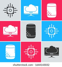 Set Processor, Computer monitor screen and Voice assistant icon. Vector