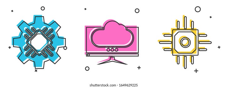 Set Processor, Computer monitor screen and Processor icon. Vector