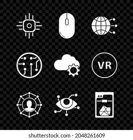 Set Processor, Computer mouse, Global technology social network, Project team base, Virtual reality, 3D printer,  and Cloud data transfer and storage icon. Vector