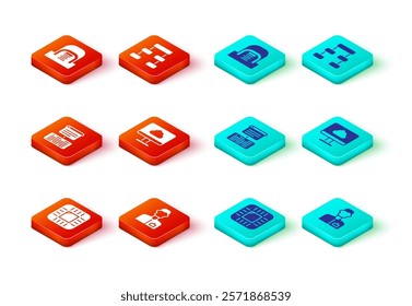 Set Processor with CPU, Analyst engineer, Server, Data, Web Hosting, Cloud technology data transfer, Hierarchy organogram chart and Hangar servers icon. Vector