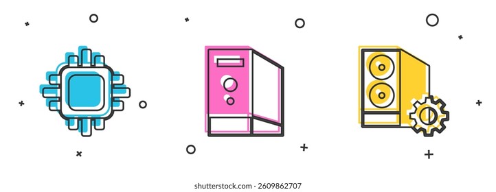 Set Processor with CPU, Case of computer and  icon. Vector
