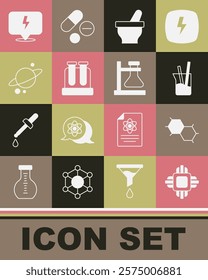 Set Processor CPU, Chemical formula, Laboratory glassware, Mortar and pestle, Test tube, Planet Saturn, Lightning bolt and flask on stand icon. Vector