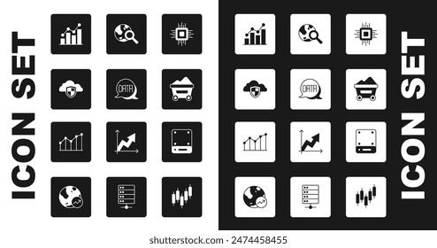 Set Processor CPU, Data analysis, Cloud and shield, Pie chart infographic, Coal mine trolley, Search globe, Server and  icon. Vector