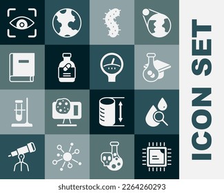 Set Processor CPU, Drop and magnifying glass, Graduation cap, Virus, Medicine bottle pills, Science book, Eye scan and Gauge scale icon. Vector