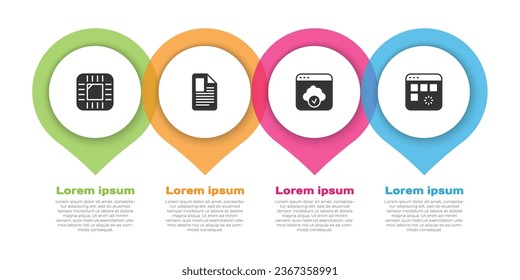 Set Processor with CPU, File document, Cloud technology data transfer and Loading window. Business infographic template. Vector