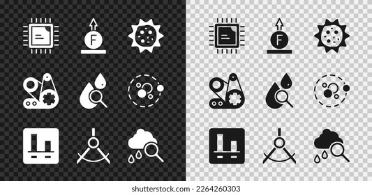 Set Processor CPU, Force of physic formula, Virus, Graph chart infographic, Drawing compass, Cloud with rain, Timing belt kit and Drop and magnifying glass icon. Vector