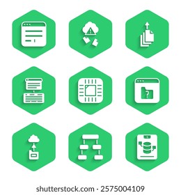 Set Processor with CPU, Hierarchy organogram chart, Server, Data, Web Hosting, File missing, Cloud technology data transfer, export and Browser window icon. Vector