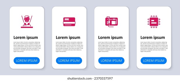 Stellen Sie ProzessorCPU, Hauptplatine, Kreditkarte und Hologram ein. Infografik-Vorlage für Unternehmen. Vektorgrafik