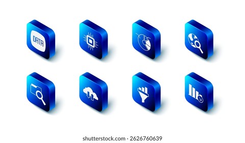 Set Processor CPU, Pie chart infographic, Search globe, Financial growth decrease, Sales funnel with, Cloud download and upload, folder and Data analysis icon. Vector