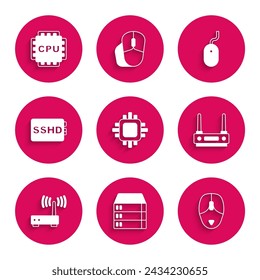 Set Processor with CPU, Server, Data, Web Hosting, Computer mouse, Router and wi-fi signal, SSHD card,  and  icon. Vector