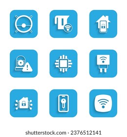 Set Processor with CPU, Smart key, Wi-Fi wireless internet network, electric plug, home, Ringing alarm bell, Mobile smart and Robot vacuum cleaner icon. Vector