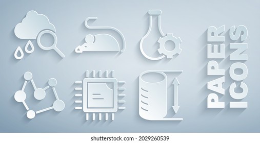 Set Processor CPU, Test tube, Chemical formula, Height geometrical figure, Experimental mouse and Cloud with rain icon. Vector