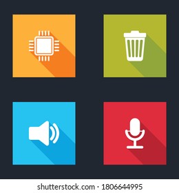 Set Processor with CPU, Trash can, Speaker volume and Microphone icon. Vector.