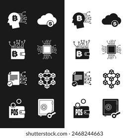 Set Processor, Cryptocurrency wallet, Bitcoin think, cloud mining, Smart contract and Blockchain technology icon. Vector