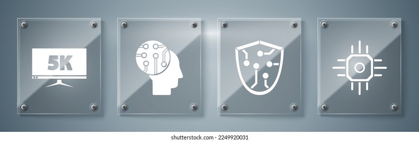Set Processor, Cyber security, Human brain as digital circuit board and Monitor display with 5k video. Square glass panels. Vector
