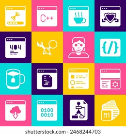 Set Processor, Debugging, Programming language syntax, Software, Page with 404 error, Loading data window and Hacker coder icon. Vector
