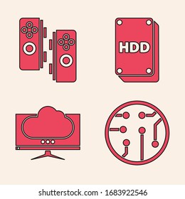 Set Processor, Gamepad, Hard disk drive HDD and Computer monitor screen icon. Vector