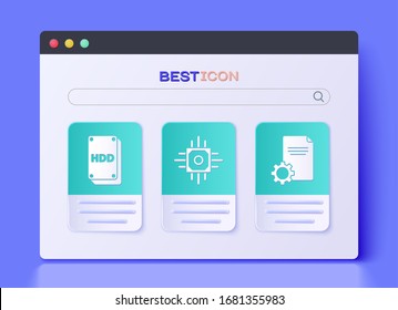 Set Processor, Hard disk drive HDD and File document icon. Vector