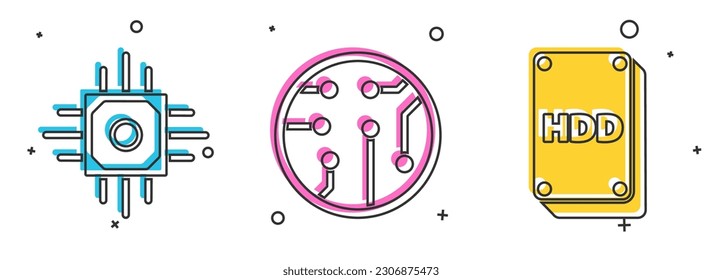 Set Processor, Processor and Hard disk drive HDD icon. Vector