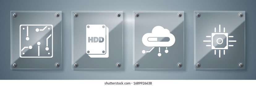 Set Processor, Internet of things, Hard disk drive HDD and Processor. Square glass panels. Vector