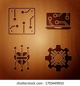 Set Processor, Processor, Processor and Laptop on wooden background. Vector