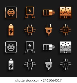 Set Processor with microcircuits CPU, Ampere meter, multimeter, voltmeter, Electric plug, Battery, charge level indicator, Electrical outlet and transformer icon. Vector