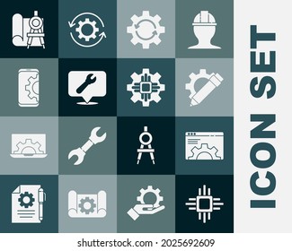 Set Processor with microcircuits CPU, Browser setting, Pencil and gear, Gear arrows as workflow, Location wrench spanner, Setting smartphone, Graphing paper compass and  icon. Vector