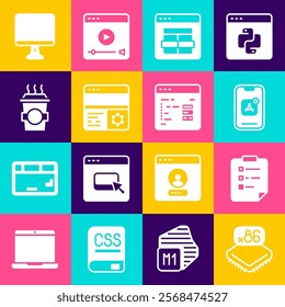 Set Processor with microcircuits CPU, Clipboard checklist, Mobile Apps, MySQL code, Debugging, Coffee cup to go, Computer monitor screen and Software icon. Vector