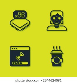 Set Processor with microcircuits CPU, Coffee cup to go, Loading data window and Hacker coder icon. Vector