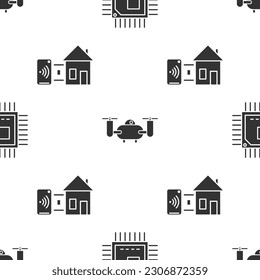 Set Processor with microcircuits CPU, Drone flying with action camera and Smart home on seamless pattern. Vector