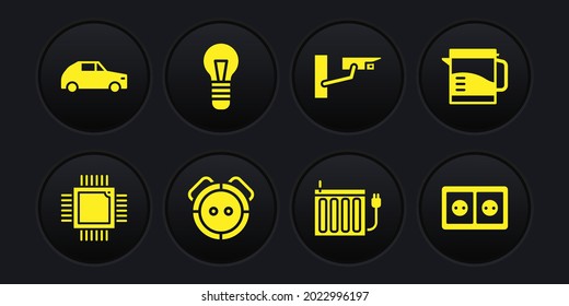 Set Processor with microcircuits CPU, Electric kettle, Robot vacuum cleaner, Heating radiator, Security camera, Light bulb, Electrical outlet and Car icon. Vector