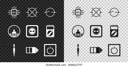 Set Processor with microcircuits CPU, Electric scheme, Audio jack, Battery charge level indicator, light switch, Ampere meter, multimeter, voltmeter and Electrical outlet icon. Vector