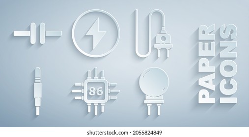 Set Processor with microcircuits CPU, Electric plug, Audio jack, Light emitting diode, Lightning bolt and scheme icon. Vector